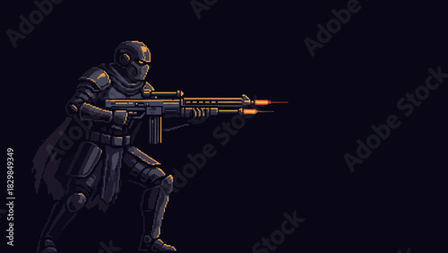 Pixel art soldier in dark armor firing a futuristic rifle with muzzle flash against a black background.
