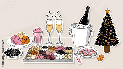 Festive holiday spread with charcuterie board, champagne, and Christmas tree illustration.