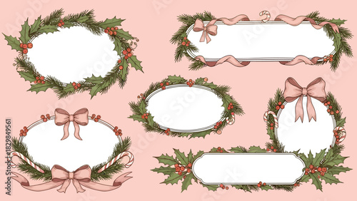 A collection of hand-drawn Christmas frames with holly, berries, and pink ribbons on a pink background.
