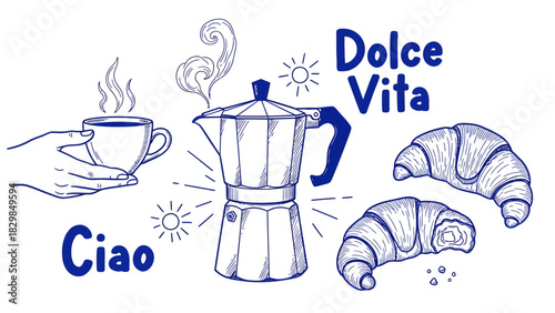 Illustration depicting a hand holding a cup, a coffee maker, croissants, and text, evoking a relaxed atmosphere.