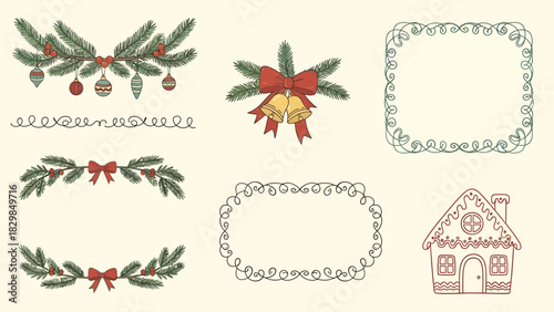 A collection of festive Christmas-themed decorative elements including garlands, borders, and a gingerbread house.