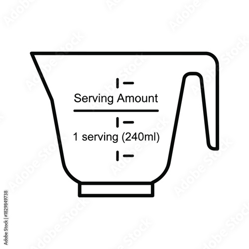 Line art illustration of a measuring cup displaying "serving amount" and "1 serving (240ml)" for portion control.