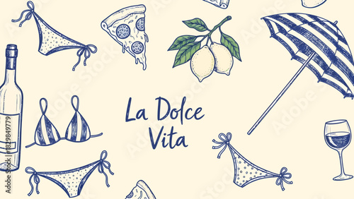An illustration depicting a summer scene with various Italian elements and beach accessories.