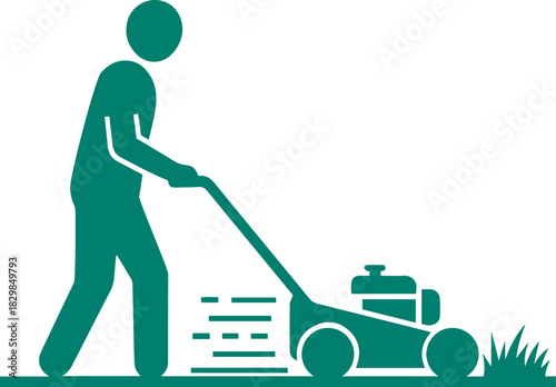 A Silhouette Icon of a Person Mowing a Lawn with a Push Mower