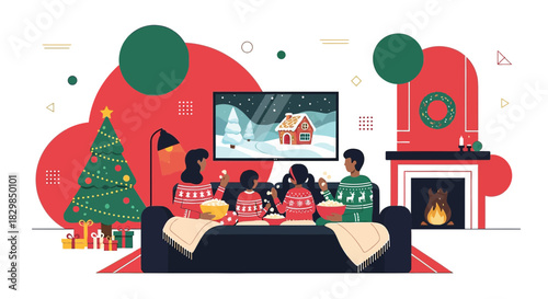 Family watches christmas movie, seated comfortably in their cozy living room with tree and fireplace