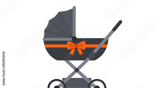 Illustration of a dark gray baby stroller with an orange ribbon and bow.