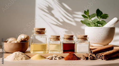 Fototapeta Naklejka Na Ścianę i Meble -  Herbal spice arrangement with glass jars of infused oil and spices, mortar with fresh mint, warm sunlight and rustic kitchen mood