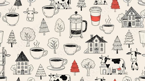 A charming doodle pattern featuring cows, coffee cups, French press, trees, and houses on a cream background.