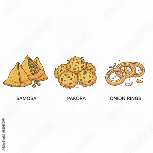 Samosa, pakora, onion rings