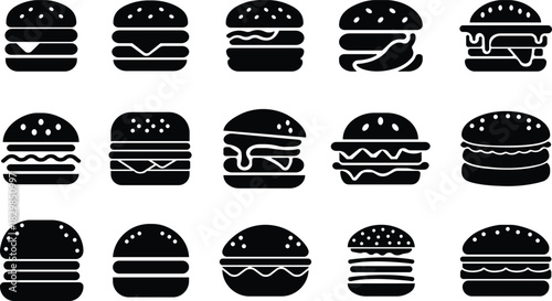 Burger fast food icon set collection group in black flat style featuring sandwich, hamburger, cheeseburger, snack, meal, cuisine, deli, and food related synonym elements for restaurant branding