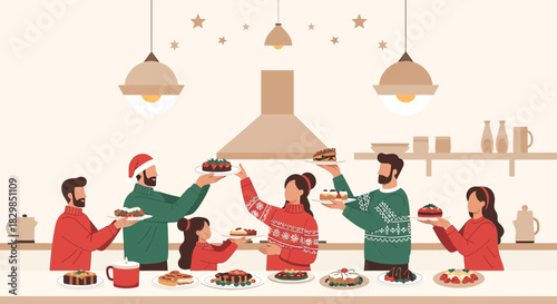 Festive dessert party with a family gathered around a countertop full of various sweet treats