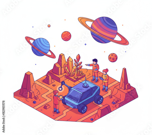 Isometric concept of astronauts exploring an alien planet's surface, studying glowing crystals with a futuristic rover under a celestial sky