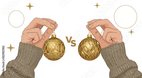 Festive duel: Golden christmas ornaments in hand-to-hand comparison on festive season