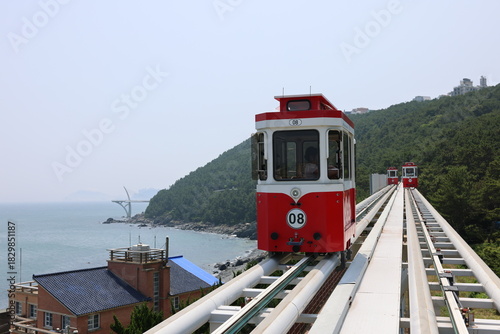 Seaside Monorail Train on Curved Elevated Railway, Haeundae, Busan