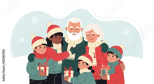 Festive family celebration illustration with grandparents and grandchildren winter season