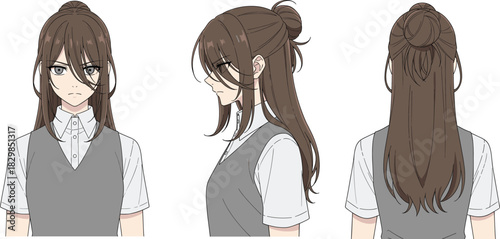 Anime character design sheet, front view, side view, back view, brown hair, white shirt, gray vest, illustration reference, modeling