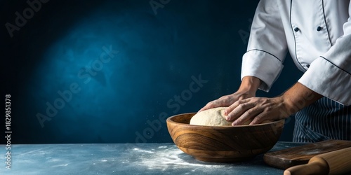 Chef kneading dough in wooden bowl on floured surface against dark blue background
