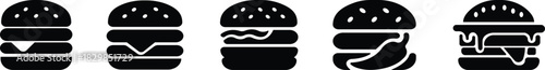 Burger fast food icon set collection group in black flat style featuring sandwich, hamburger, cheeseburger, snack, meal, cuisine, deli, and food related synonym elements for restaurant branding