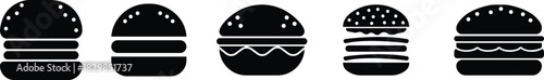 Burger fast food icon set collection group in black flat style featuring sandwich, hamburger, cheeseburger, snack, meal, cuisine, deli, and food related synonym elements for restaurant branding