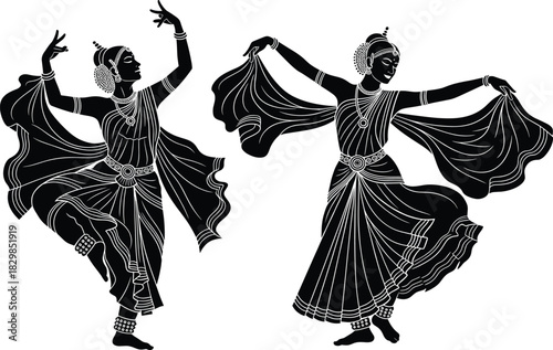 Traditional dance silhouettes, cultural attire, expressive poses, flowing skirts, jewelry, headpieces, classical Indian style, Bharatanatyam, Odissi,  t dancer