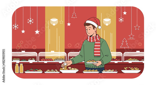 Festive holiday buffet with a man in santa hat enjoying a christmas feast picking food