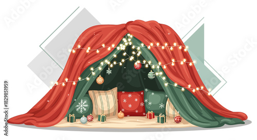 Festive holiday blanket fort, draped in lights and adorned with ornaments and christmas presents