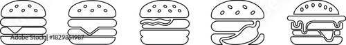 Burger fast food icon set collection group in black line style featuring sandwich, hamburger, cheeseburger, snack, meal, cuisine, deli, and food related synonym elements for restaurant branding 