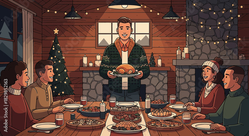 Festive holiday gathering with family around a laden table in a cozy log cabin setting