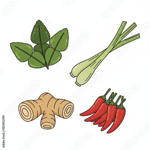 Thai spices set: kaffir lime leaves, lemongrass, galangal, chilies.