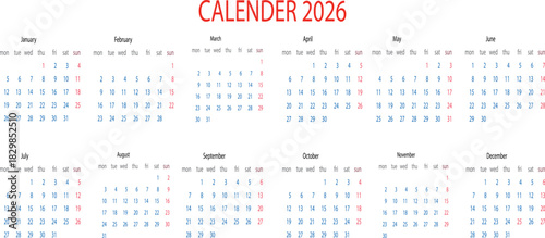 Complete calendar of the year 2026 with all twelve months
