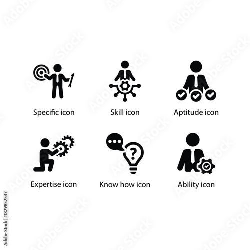Specific, Skill, Aptitude, Expertise, Know how, Ability, Black Icon Set