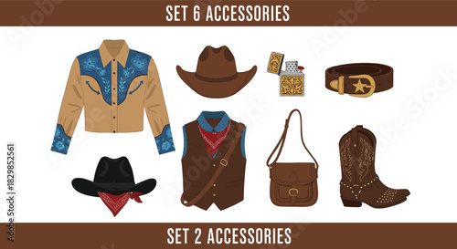 Vector Collection of Cowboy and Western Themed Accessories Featuring Cowboy Hat, Denim Shirt, Vest, Bandana, Leather Belt, Boots, and Saddle Bag for Wild West Design.