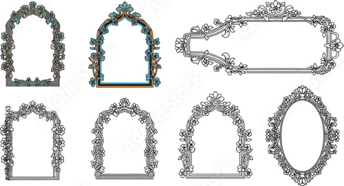Intricate silver and turquoise ornamental frames in various arched designs