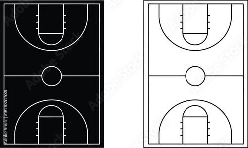 Two basketball court designs one black one white with standard markings