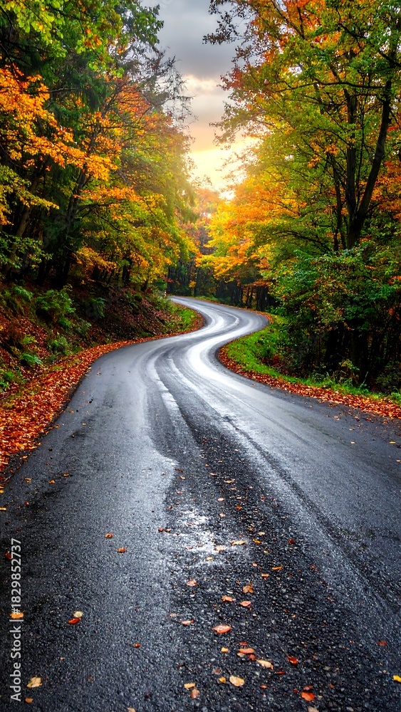 Fototapeta premium Winding road through autumn trees, leaves scattered on the wet pavement reflecting the light above