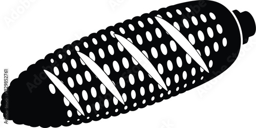 An isolated black and white illustration of a single ear of corn