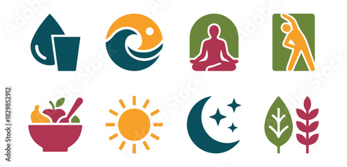 Wellness icons set water yin yang meditation exercise food sun moon leaves