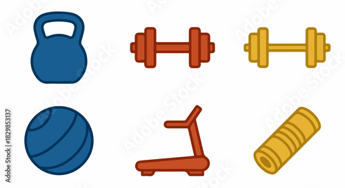 Fitness equipment icons dumbbells kettlebell exercise ball treadmill and yoga mat