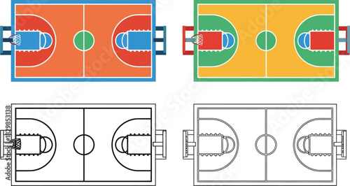 Aerial view of colorful basketball courts and a blank court outline