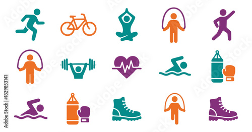 Sport and fitness icon set isolated on black background