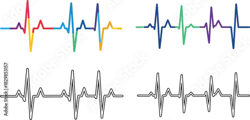 Colorful and grayscale electrocardiogram lines representing heartbeats and medical data