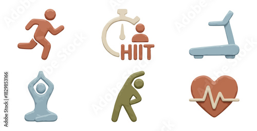 Fitness icons set running figure timer treadmill yoga pose stretching heartbeat