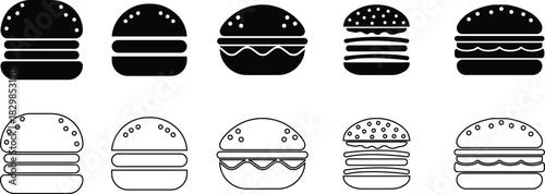 Burger fast food icon set collection group in black flat line style featuring sandwich, hamburger, cheeseburger, snack, meal, cuisine, deli, and food related synonym elements for restaurant branding 