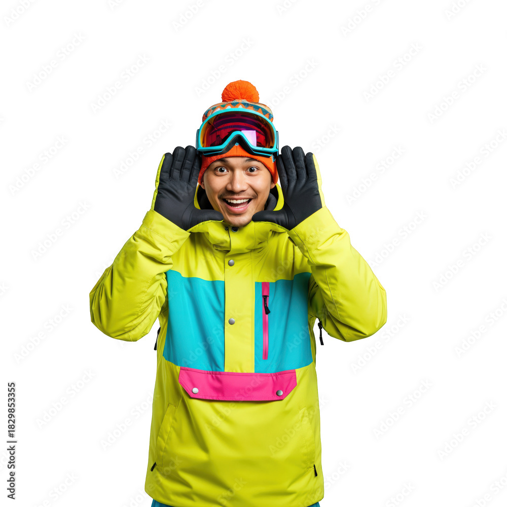 Fototapeta premium Young Asian man in vibrant ski jacket and orange beanie, wearing goggles on forehead, smiling cheerfully and framing his face with hands, isolated on black.