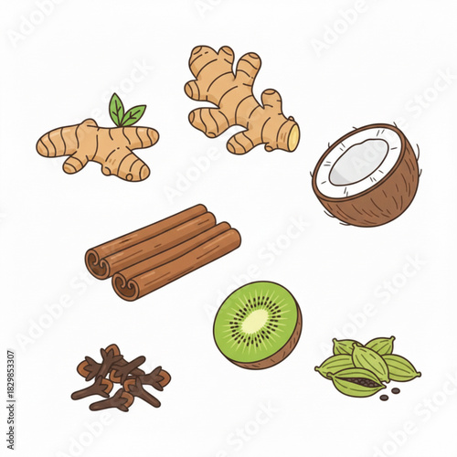 Indian spices set: turmeric root, ginger, cinnamon stick, cloves, cardamom.