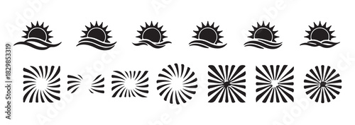 Set of black suns and sunbursts with waves, abstract sun rays, starbursts, burst elements, vector icons