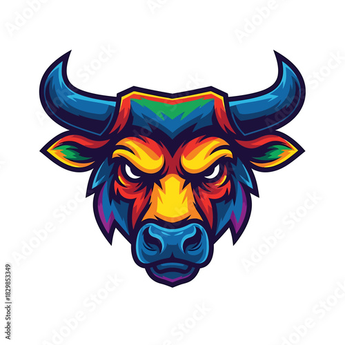 Vibrant bull mascot illustration with determined expression for powerful branding, dynamic logo design, or gaming character, bold and colorful artwork