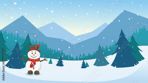 Winter Landscape with Cute Snowman, Pine Forest, Falling Snow and Mountain Background Vector Illustration