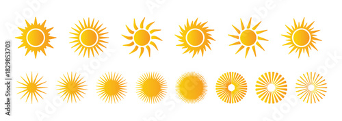 Collection of sun symbols with various rays shapes and starburst elements in yellow gradient on white background