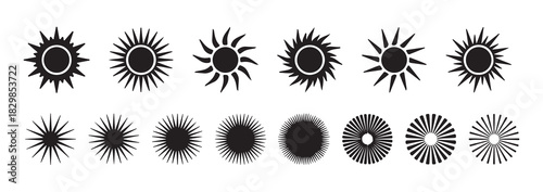 Collection of sun symbols with various rays shapes and starburst elements in black color on white background